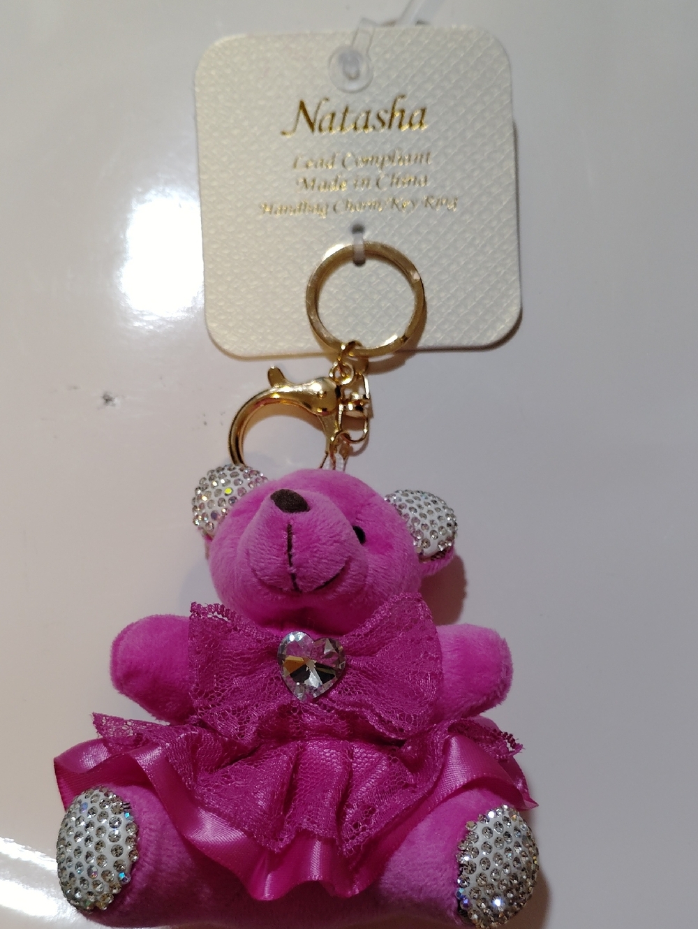 Natasha Zinko Bright Pink Crystal-Accent Teddy Keychain